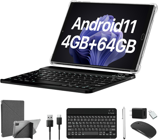 Tablet 10 inch Android 11 Tablet with Keyboard 4GB Ram 64GB Rom Quad Core Arm 5G Wifi Bluetooth 5.0 Gps IPS