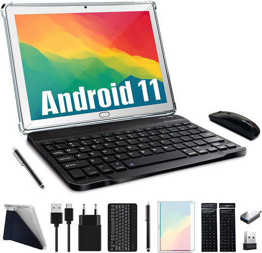 Android 11 Tablet, 2 in 1 Tablet 10.1 inch, 4G Cellular Tablet with Keyboard, Octa Core, 64GB Storage, 4GB RAM, Mouse, Stylus, Case, Wifi Bluetooth