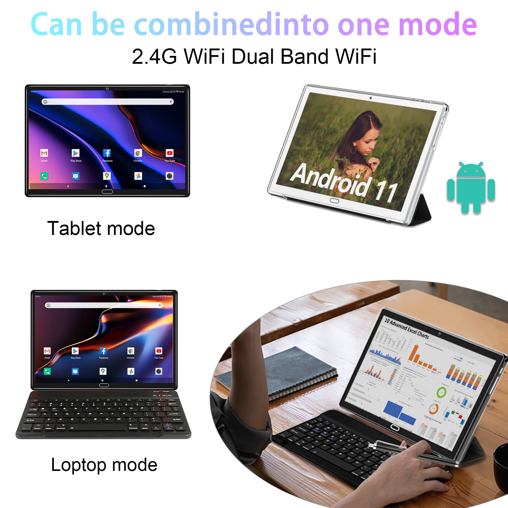 Tablet 10 Inch Android 11 Tablets, 2 in 1 Tablet PC with 4+64 