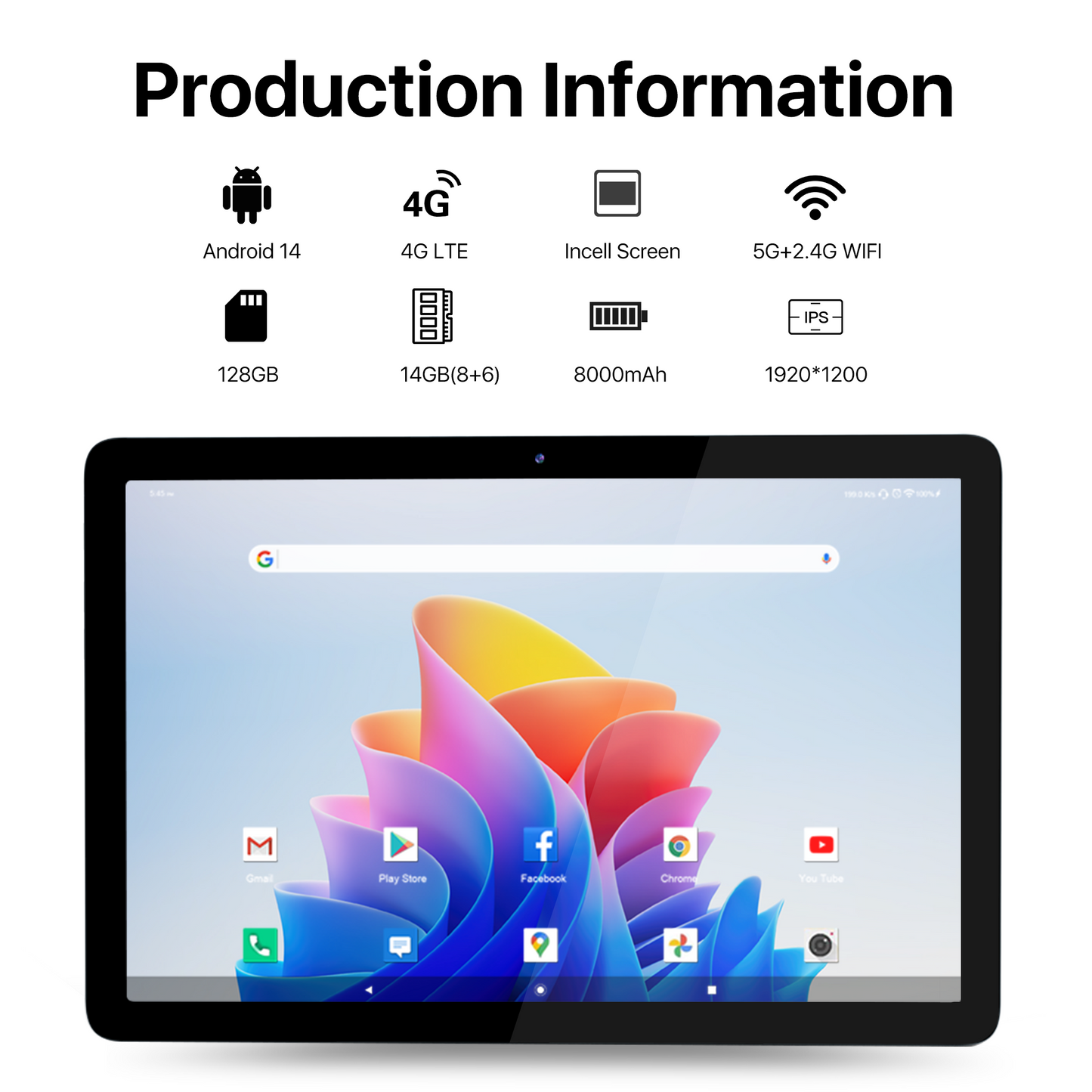 10 inch Android 14 Tablet, 14GB RAM 128GB ROM, 1920X1200 IPS FHD Screen, 8MP + 13MP Dual Camera, Google Certified Tablet