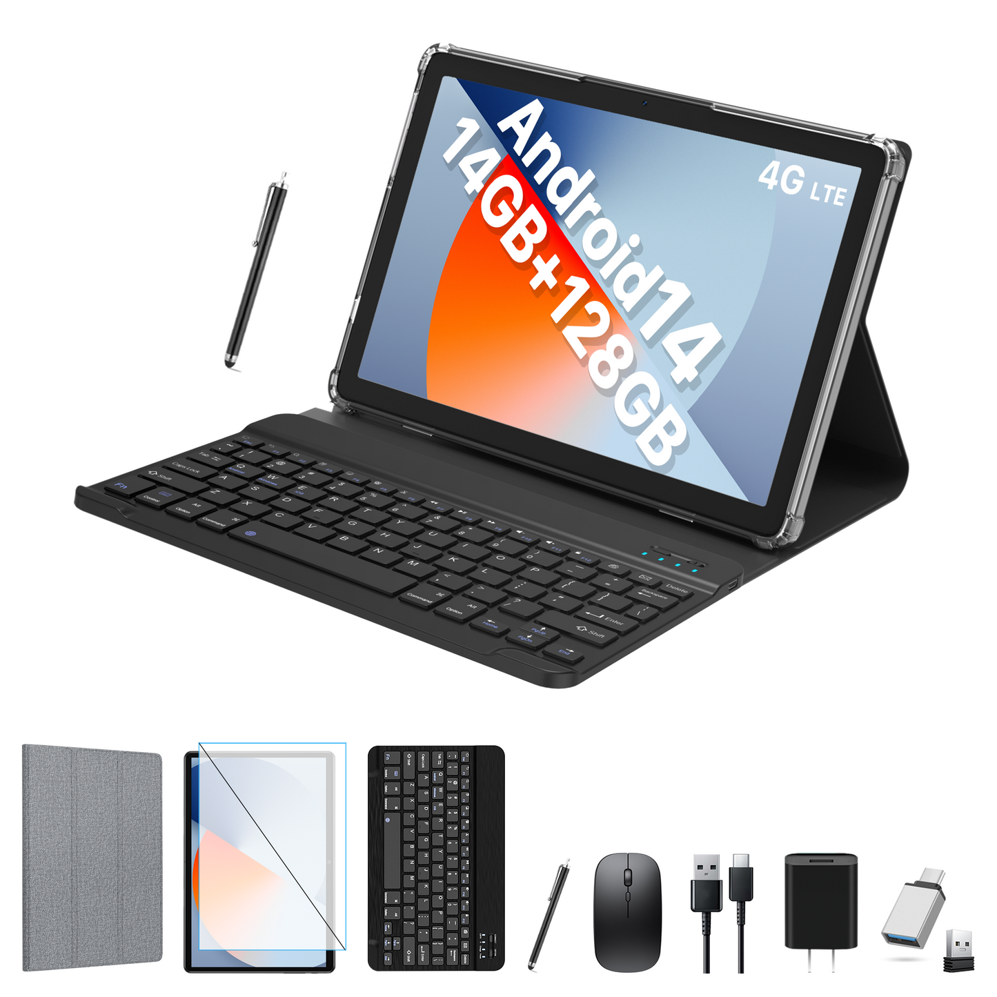 Android 14 Tablet with Keyboard, 14GB RAM+128GB ROM, 8MP+13MP Camera, 4G LTE, Unisoc T606 8-Core Processor