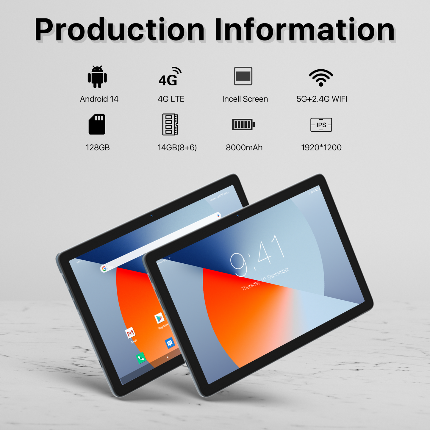 Android 14 Tablet with Keyboard, 14GB RAM+128GB ROM, 8MP+13MP Camera, 4G LTE, Unisoc T606 8-Core Processor